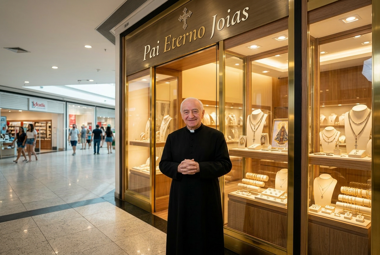 Padre Antônio Soares na entrada da loja Pai Eterno Joias no Shopping Neumarkt
