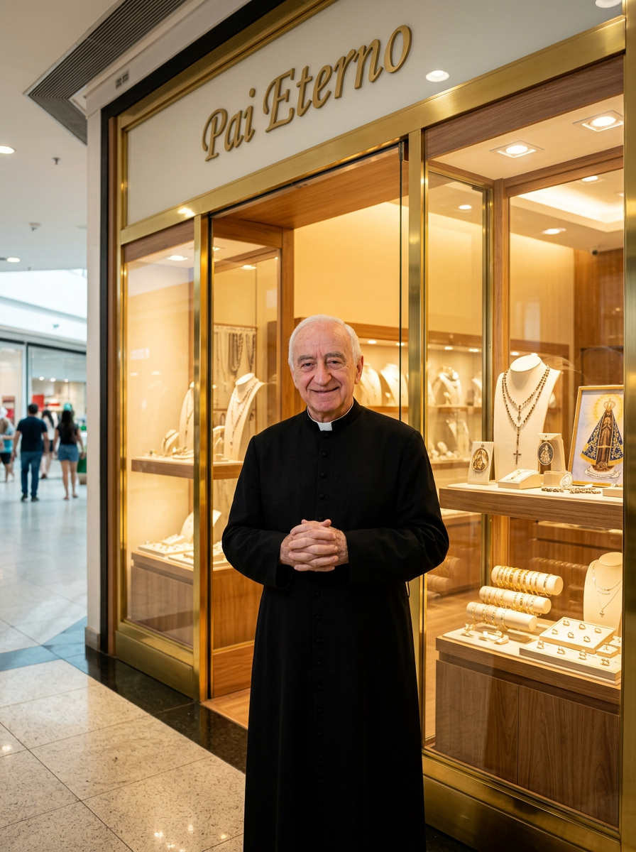 Padre Antônio Soares na entrada da loja Pai Eterno Joias no Shopping Neumarkt