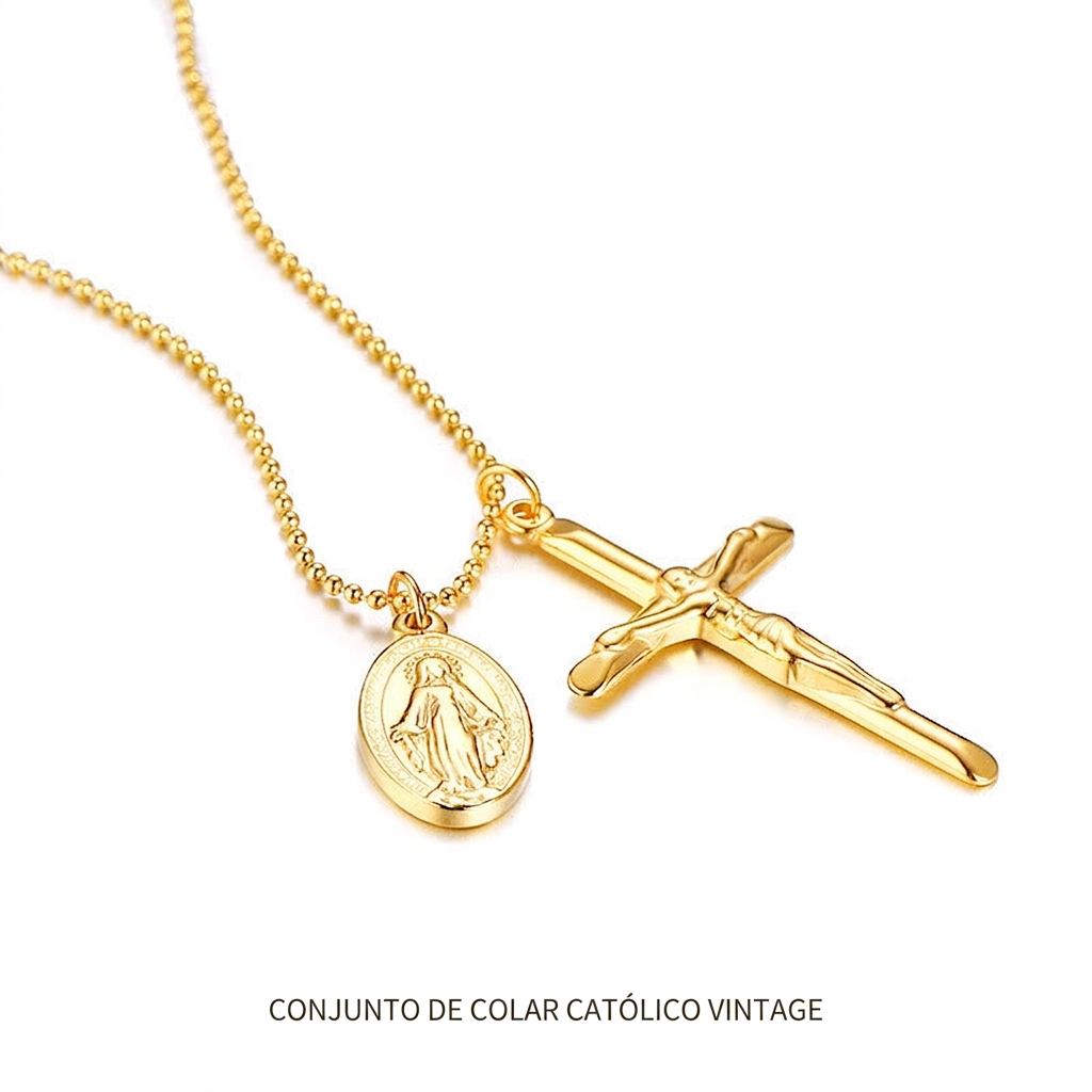Colar de Titânio com Medalhão da Virgem Maria e Crucifixo